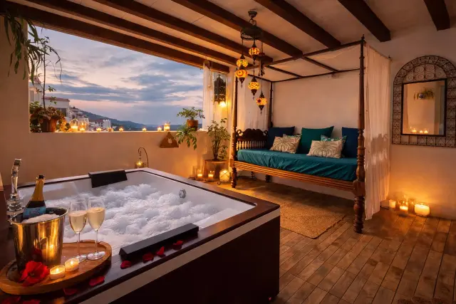 Jacuzzi en terraza privada con vistas al atardecer, champán y cama balinesa al fondo.