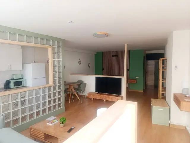 Vista de un salón con suelo de madera clara, sofá en primer plano, mesa de centro con libros y planta, cocina americana 