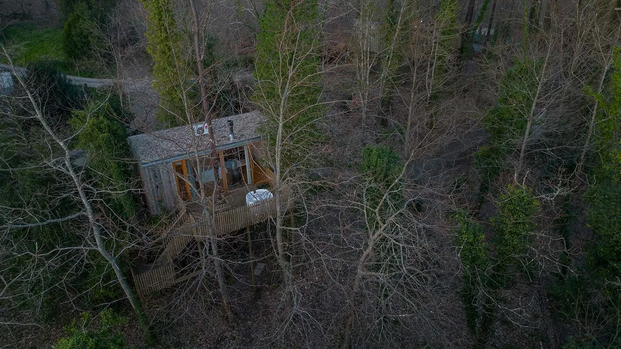 Vista aérea de una cabaña de madera elevada entre árboles en un bosque, con terraza y escalera exterior.