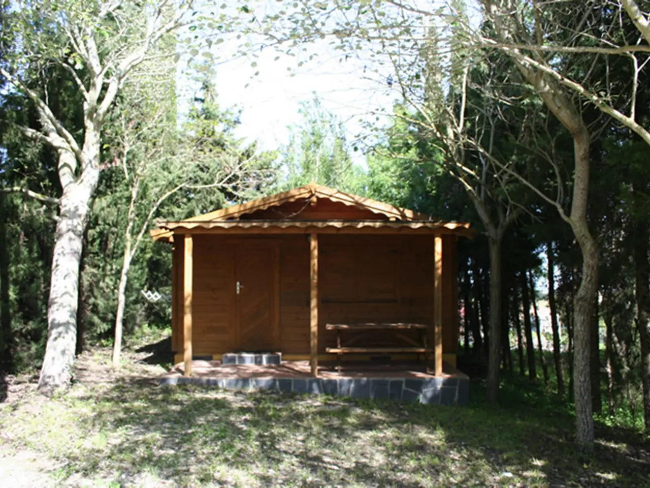 Vista exterior de un bungalow de madera con porche y mesa de picnic, rodeado de árboles en un entorno boscoso.