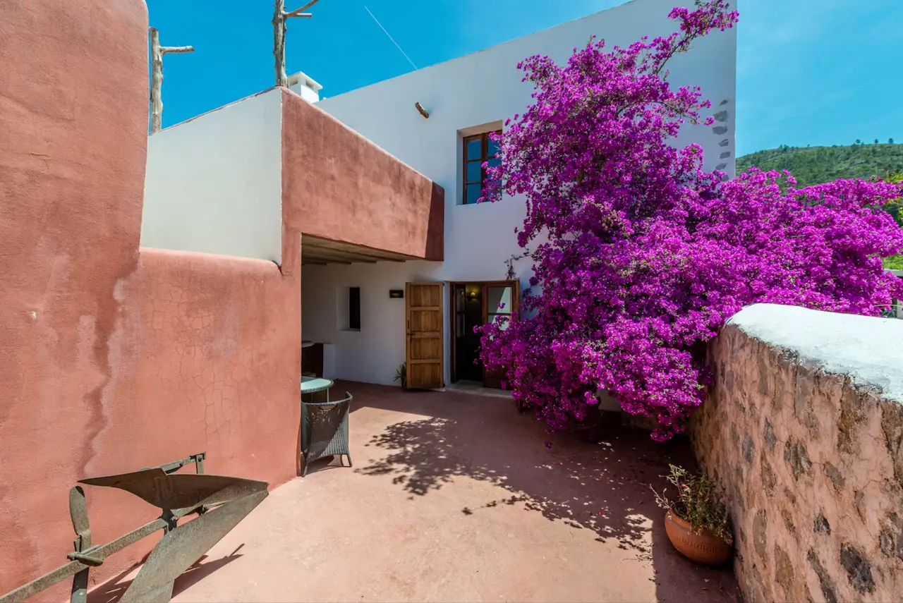 Patio exterior de una casa con paredes blancas y terracota, buganvilia morada en flor y puerta de madera abierta