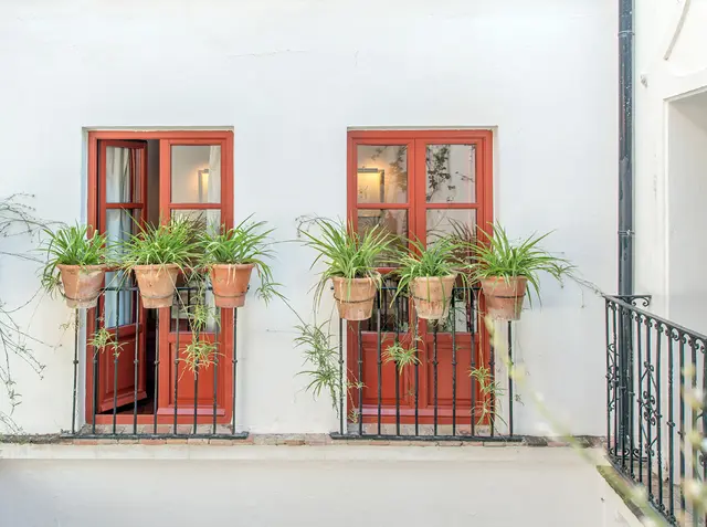 Fachada exterior de un edificio blanco con dos ventanas y puertas de madera roja, barandillas negras con macetas