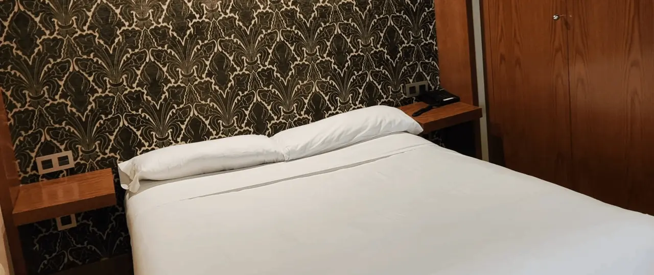 Habitación de hotel con cama doble cubierta por edredón blanco, dos almohadas, cabecero con papel pintado de patrón