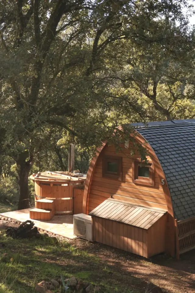 Cabaña de madera con jacuzzi nórdico de leña en terraza rodeada de árboles.