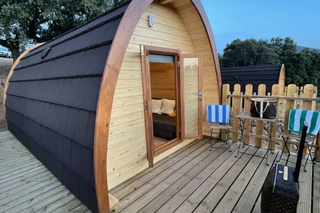 Cabaña de madera con terraza de madera, puerta abierta y mobiliario exterior rodeada de árboles.
