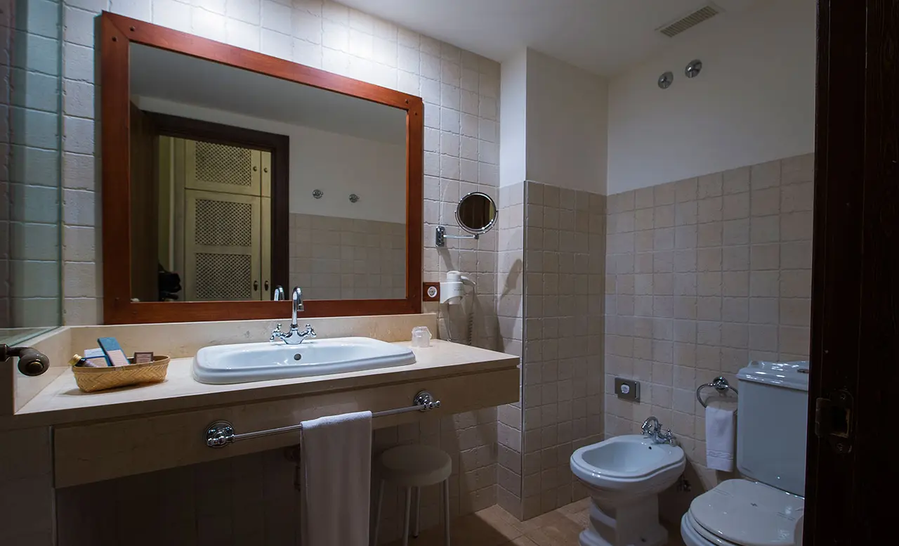 Baño de suite con lavabo rectangular sobre encimera de madera, gran espejo enmarcado en marrón, inodoro, bidé