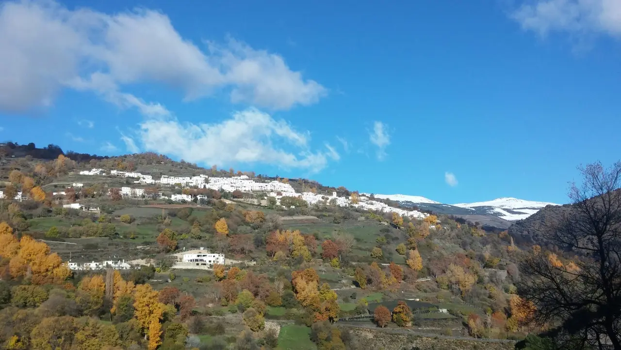 Vista panorámica de un pueblo blanco en una ladera montañosa rodeado de vegetación otoñal con árboles de hojas