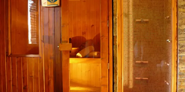 Espacio de spa privado con sauna de madera iluminada y ducha de hidromasaje con mampara de mosaico.
