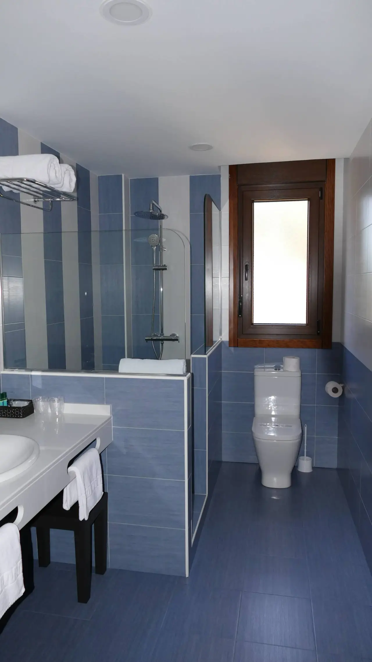 Baño con paredes de azulejos azules y blancos, ducha con mampara de vidrio, inodoro blanco, lavabo sobre encimera