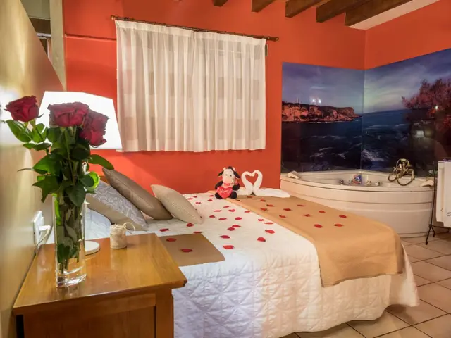 Habitación con cama doble decorada con pétalos de rosa, toallas en forma de cisnes y un peluche.