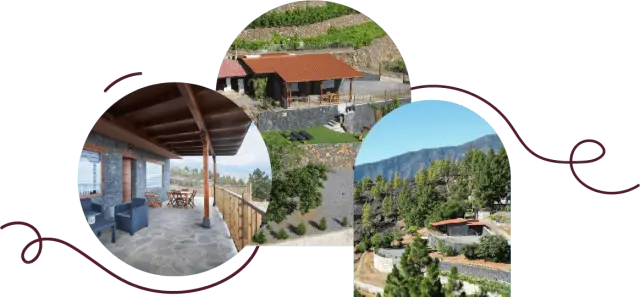 Collage de imágenes exteriores de una casa rural con porche de piedra, terrazas, jardines y vistas a montañas y viñedos.