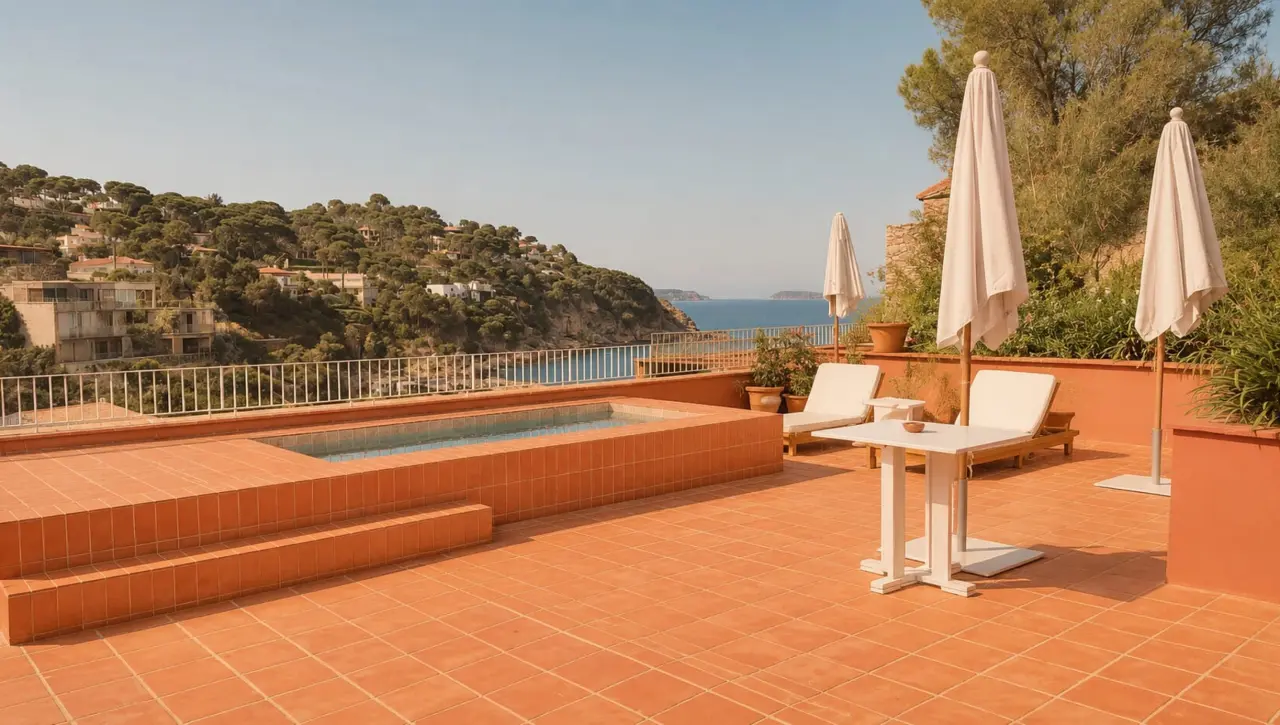 Piscina privada rectangular en terraza de suite con suelo de terracota, tumbonas, sombrillas y vistas al mar