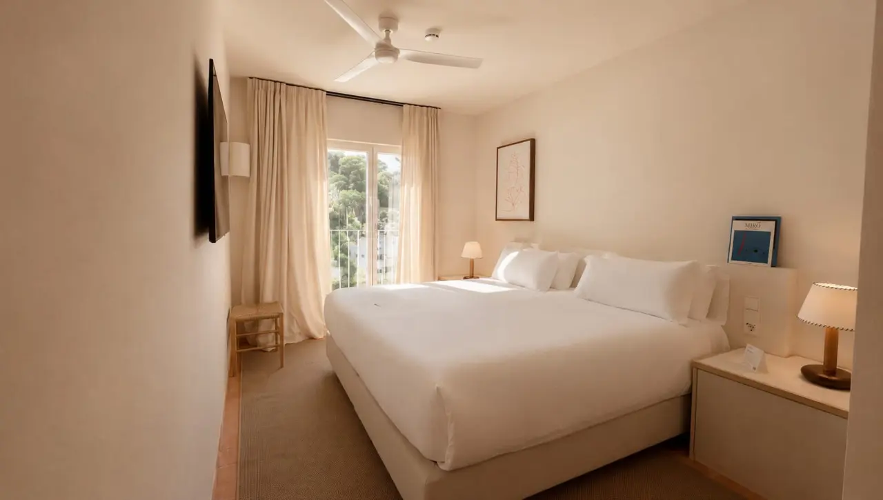 Habitación de hotel con cama grande vestida de blanco, mesitas de noche, ventilador de techo y ventana