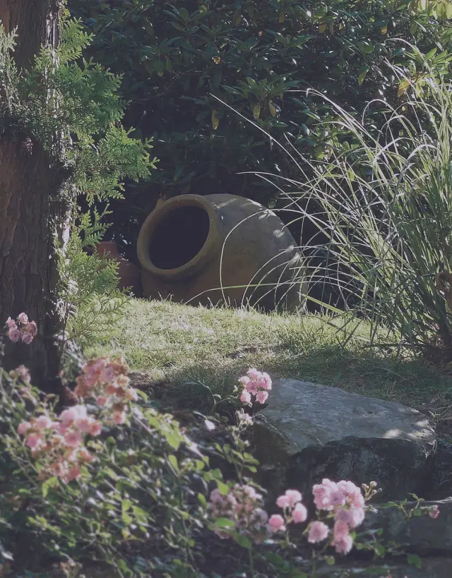 Jardín exterior con césped, arbustos, flores rosadas, un gran jarrón de cerámica y vegetación densa al fondo.