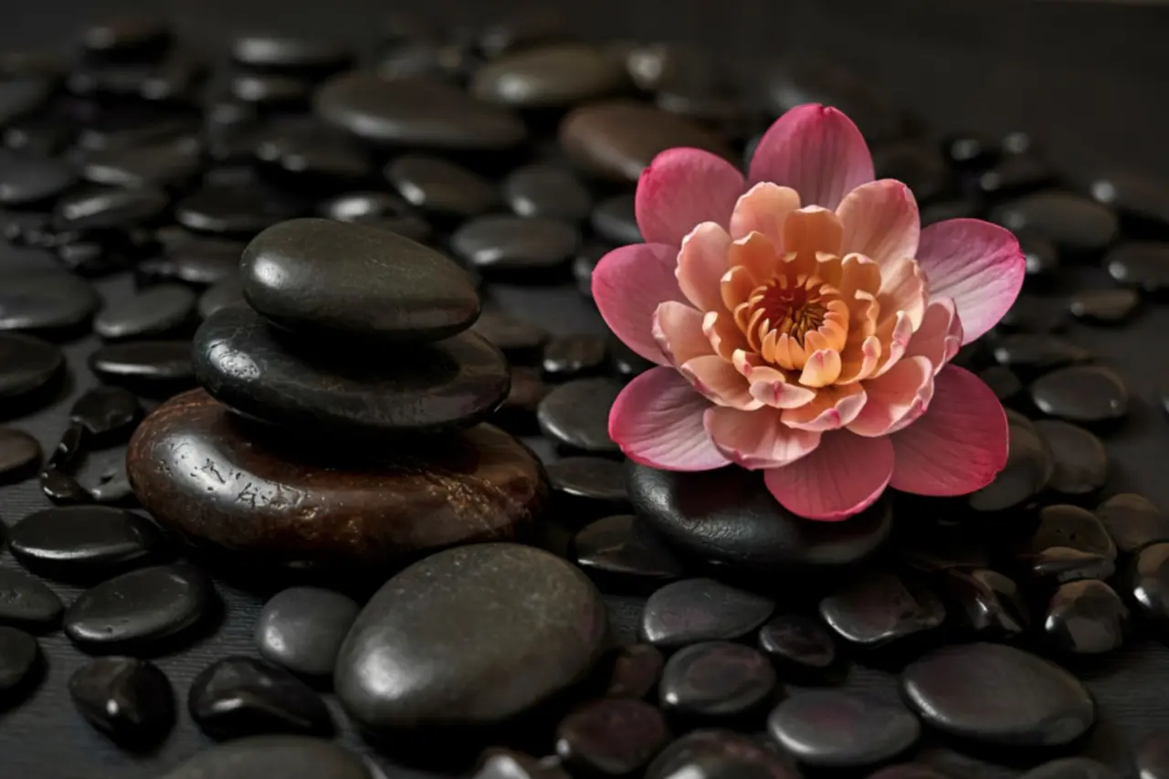 Flor de loto rosa y naranja sobre piedras negras apiladas y esparcidas.