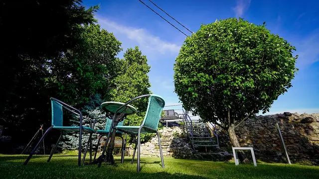 Jardín exterior con césped, sillas y mesa de metal turquesa, un árbol redondo frondoso, muro de piedra y escalera