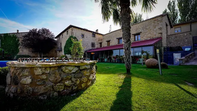 Vista exterior del Hotel Palacio de Atienza con un pozo de piedra en primer plano, césped, palmera y el edificio
