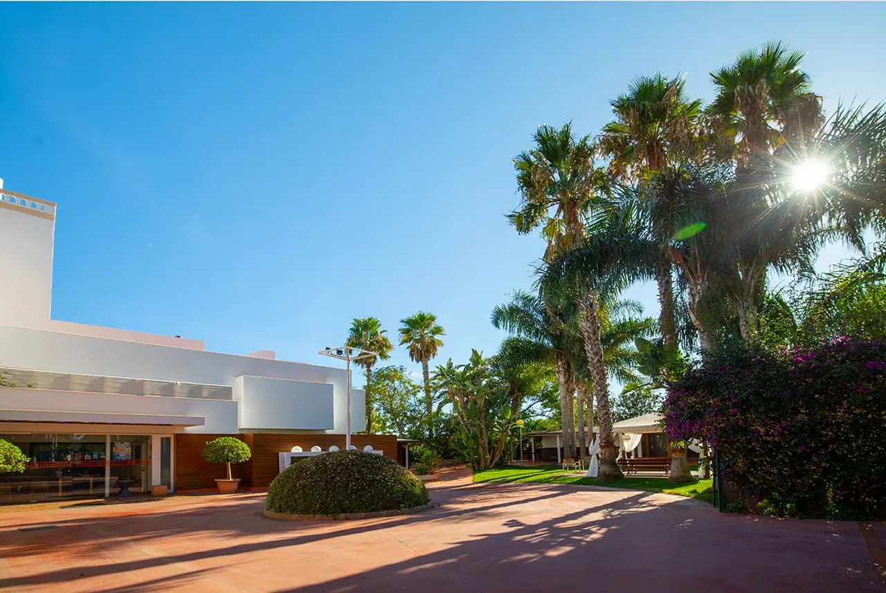Vista exterior de un edificio blanco moderno con entrada, rodeado de un jardín con palmeras altas, arbustos