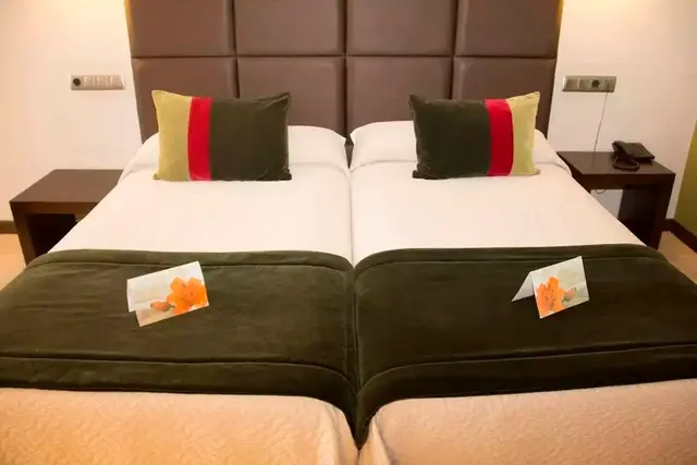 Vista frontal de una cama doble en una suite de hotel, con cabecero acolchado marrón, dos almohadas decorativas verdes