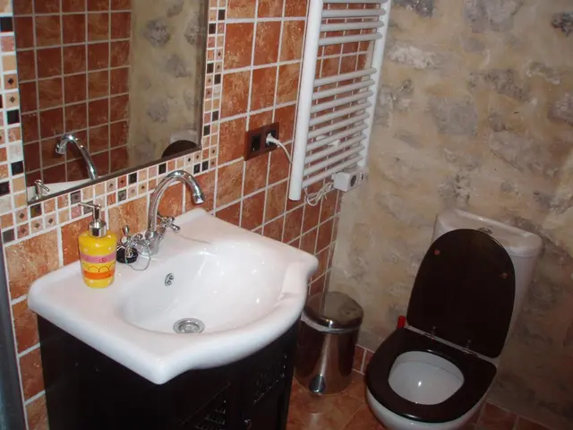 Baño con lavabo blanco sobre mueble oscuro, grifo cromado, espejo, inodoro con tapa abierta, toallero eléctrico blanco