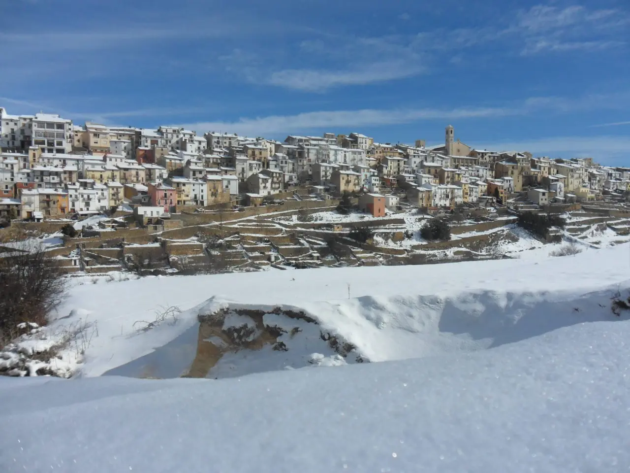 Vista panorámica de un pueblo montañoso cubierto de nieve bajo un cielo azul con nubes, tomada desde un terreno nevado