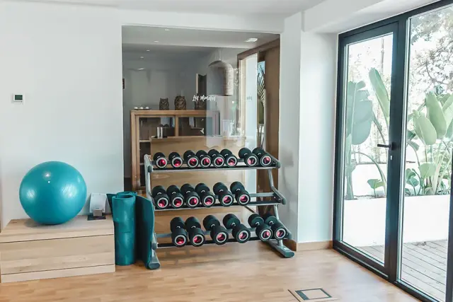 Espacio de spa privado con estantería de pesas, pelota de ejercicio y esterilla en una habitación luminosa