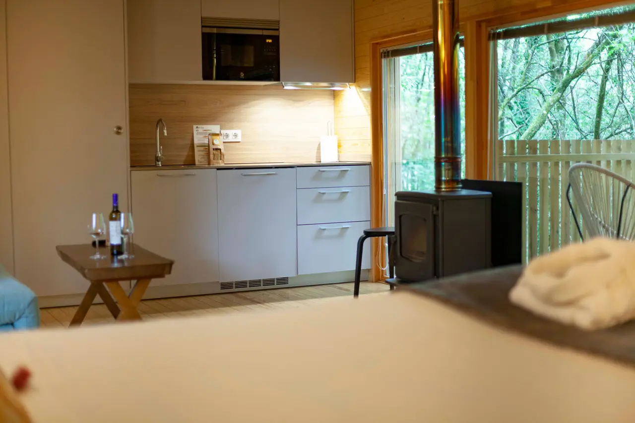 Interior de una cabaña con cocina integrada de madera clara, encimera iluminada, microondas, fregadero y armarios.