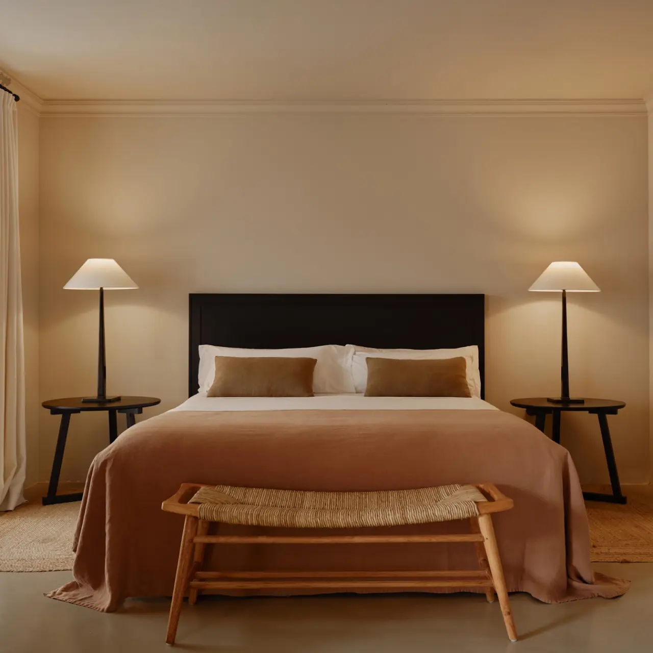 Habitación con cama king size vestida con edredón en tono tierra, dos cojines marrones y dos blancos, cabecero negro