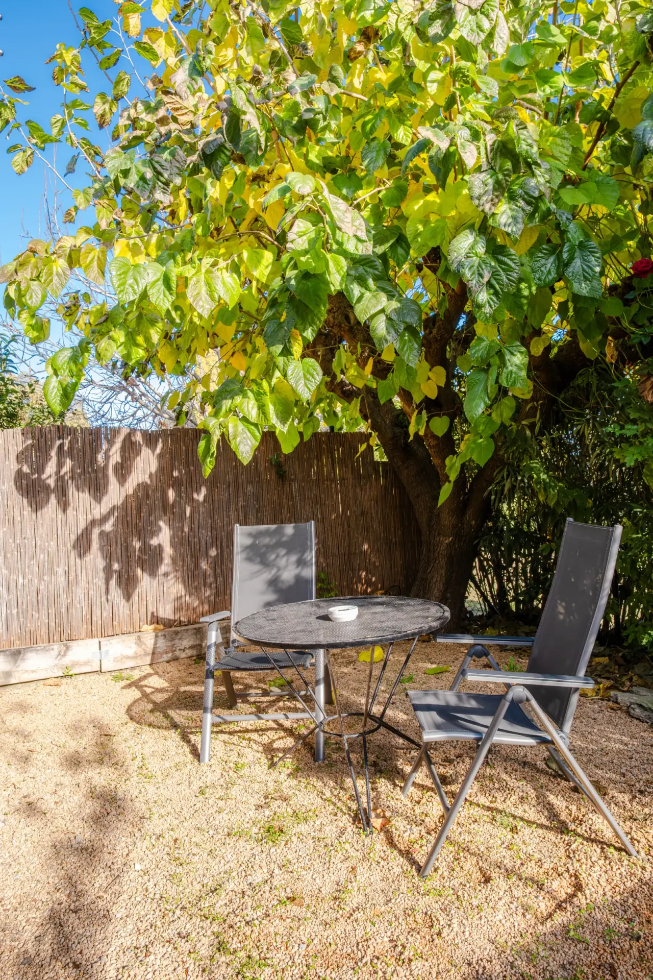 Patio exterior con suelo de grava, mesa redonda y dos sillas plegables bajo un gran árbol frondoso, junto a una valla