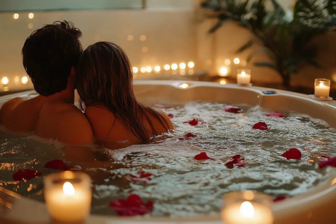 Pareja vista de espaldas dentro de un jacuzzi con agua, pétalos de rosa rojos flotando y velas encendidas alrededor.