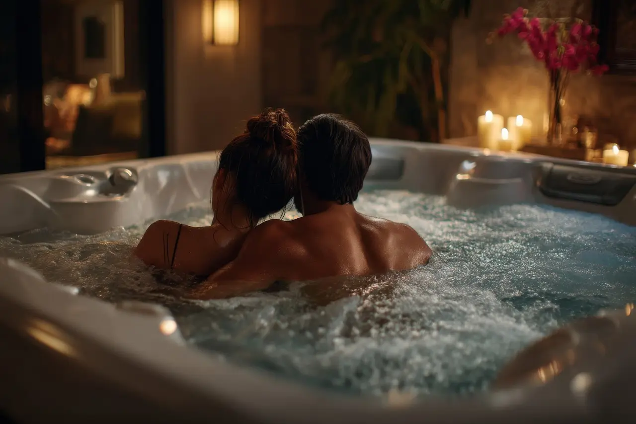 Pareja sentada dentro de un jacuzzi con agua burbujeante, vista desde atrás, en una habitación iluminada con velas