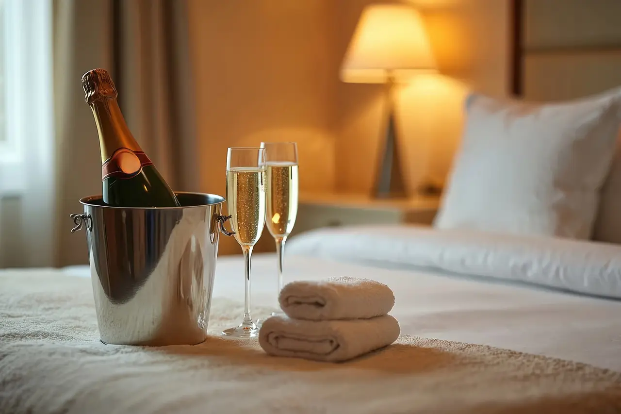 Vista de una cama con sábanas blancas, dos copas de champán llenas, una botella de champán en una cubitera metálica