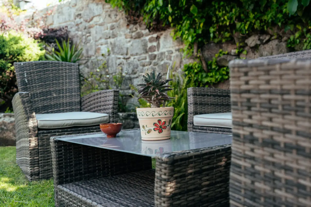 Muebles de exterior de mimbre con cojines claros, una mesa de cristal y una maceta con una planta suculenta, situados