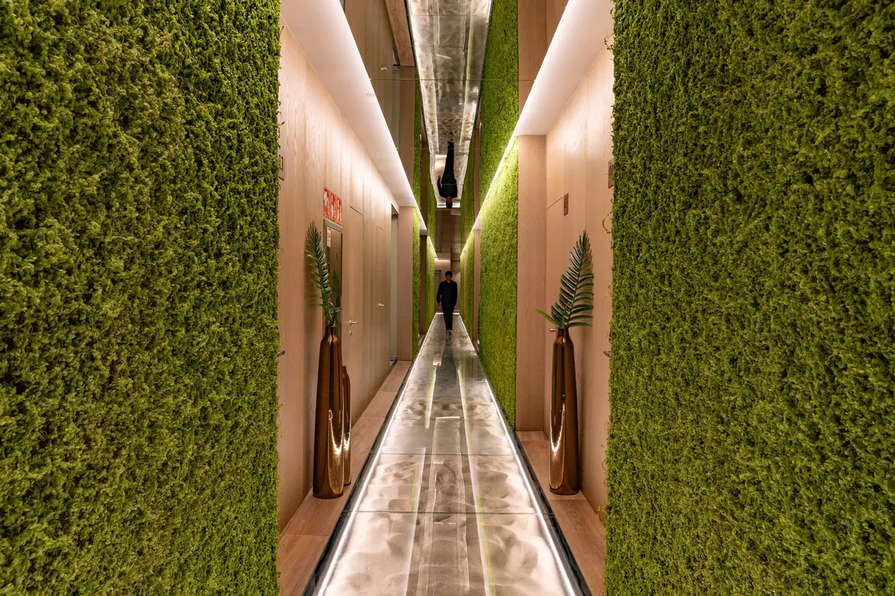 Pasillo largo y moderno con paredes cubiertas de vegetación verde, piso iluminado desde abajo, maceteros altos