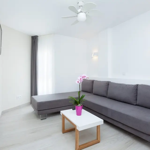 Interior de una suite con sofá gris en L, mesa de centro blanca con base de madera y una orquídea en maceta rosa